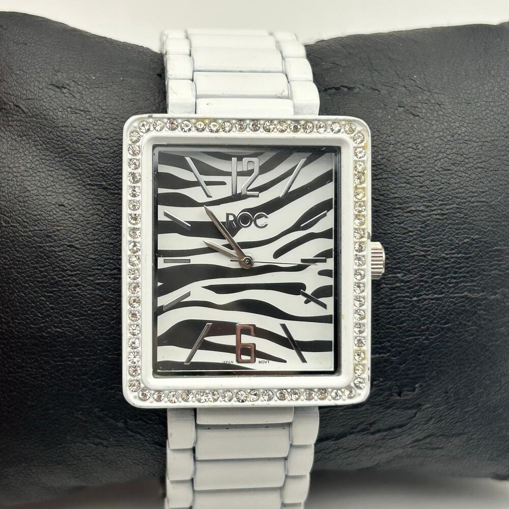 Roc White Rectangular Zebpra Print Dial Rhinestones Bezel Analog Watch